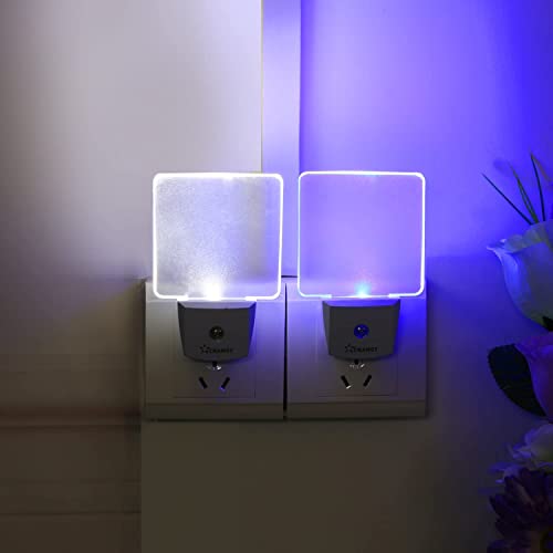 CNAMOY 2 Pack Plug-in LED Night Light with Light Sensor, Dusk to Dawn Sensor, Stylish Nightlight for Stair, Hallway, Bedroom, Bathroom, Living Room, UL Listed White & Blue