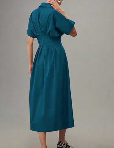 Image of Yeokou Shirt Dress for Women Summer Casual Short Sleeve Button Down Loose Pleated Maxi Sundress with Pockets