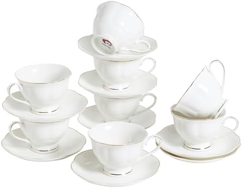 White Ceramic Tea Cup and Saucer Set of 8 (16-Piece) - 6oz Elegan...
