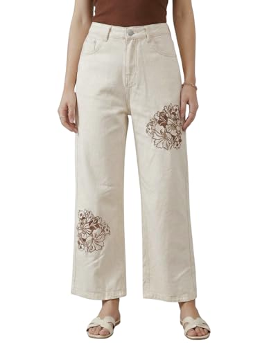 Image of GRECIILOOKS Embroidery Jeans for Women| Women's Summer Wide Leg Denim Jeans | High Waist Straight Fit Casual Pants for Office, Vacation & Everyday Wear