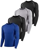 Orrfreer 4 Pack Boys' Long Sleeve Base Layer Top, Kids Compression Shirt Moisture-Wicking Athletic Sports Undershirt Quick Dry Breathable, Football Running Baselayer Tops Black/Grey/Black/Navy Blue S