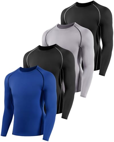 Orrfreer 4 Pack Boys' Long Sleeve Base Layer Top, Kids Compression Shirt Moisture-Wicking Athletic Sports Undershirt Quick Dry Breathable, Football Running Baselayer Tops Black/Grey/Black/Navy Blue M