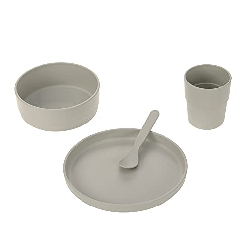 LÄSSIG Kindergeschirr Set (Teller, Becher, Schälchen, Löffel) ohne Melamin, BPA-frei, für Spülmaschine und Mikrowelle/Dish Set Uni warm grey