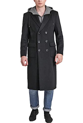 Landing Leathers Men Holmes Wool Blend Long Walking Pea Coat with Removable Hood (Also available in Big and Tall)