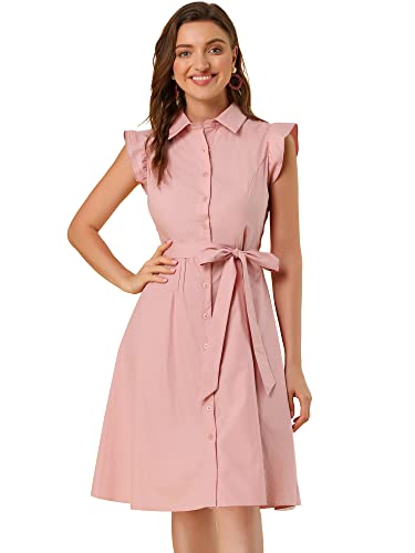 Image of Allegra K Women's Ruffled Sleeve Casual Office Dress Tie Waist Button Down Cotton Shirt Dresses