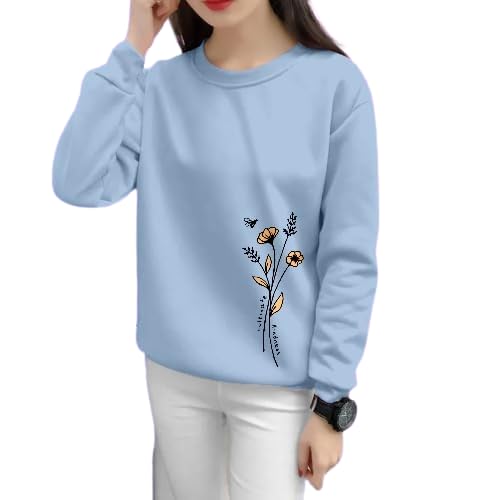Women's Sweatshirt, Light Blue, Long Sleeve, Floral Embroidery Design, Casual Pullover-image-30