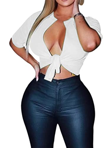 Zoyami Womens Sexy Tie Front Crop Top Short Sleeve Graphic Tee Shirt Clubwear4