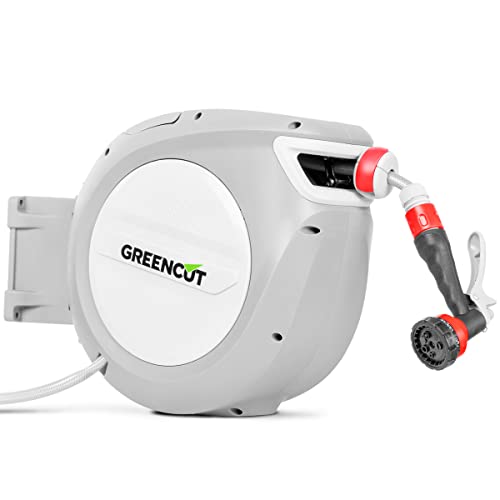 GREENCUT MNG200 - Manguera de agua de 20m con enrollador automatico, soporte de pared y presion de trabajo 8bars