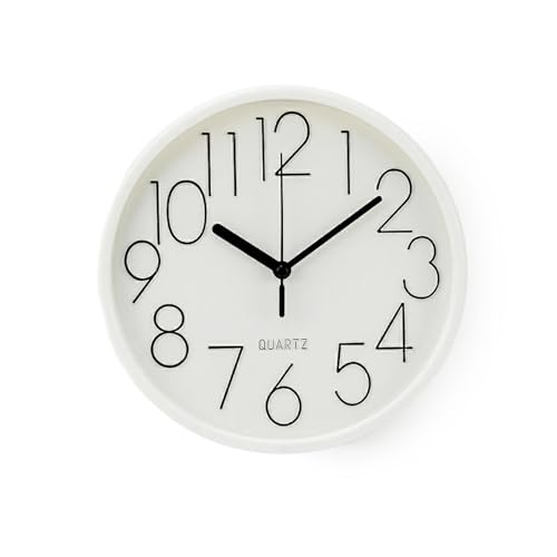 Modern 20cm Round Wall Clock Minimalist White Frame with Bold Easy-to-Read Numbers Accurate Quartz Compact Circular Clock for Home Office Kitchen & Classroom