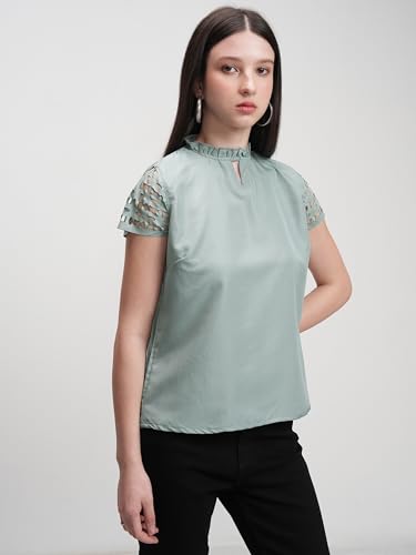 Image of Tokyo Talkies Women's Self-Design A-Line Top | Lace Short Sleeves | High Neck with Keyhole | Elegant & Feminine | Perfect for Casual Wear | Tops for Woman | Women Tops | Stylish Top