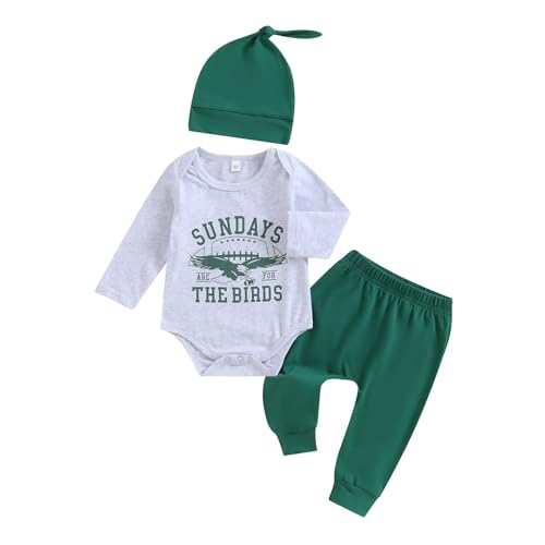 Image of Newborn Baby Boy Football Outfit Sundays are for The Birds Onesie Romper Pants Set Hat 3Pcs Fall Clothes