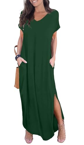 Image of GRECERELLE Women's Summer Maxi Dress Casual Loose V Neck Short Sleeve Side Split Long Dresses with Functional Pockets