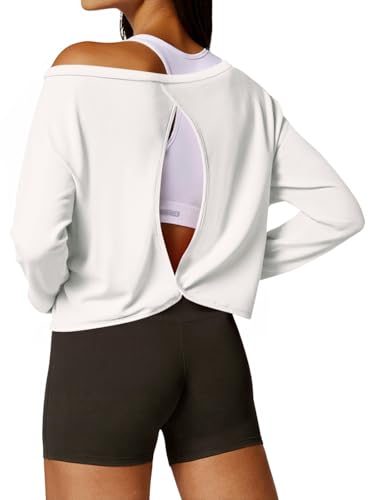 Yousify Womens Open Back Workout Tops Cropped Long Sleeve Boat Neck Athletic Shirts Casual Running Gym Yoga Tees