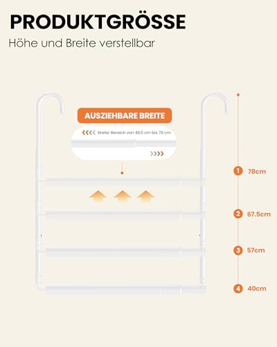 Tiemlet Garderobenstange ohne Bohren, Ausziehbare und Höhenverstellbare Kleiderstange, 46.5-78cm Höhe, 40-72cm Breite, Erweitert Stauraum für Schrank (Weiß)