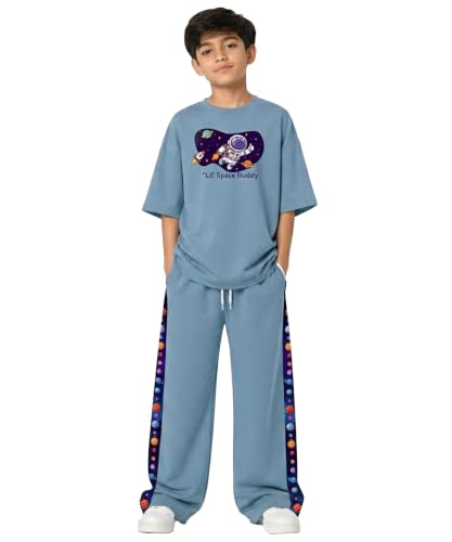 Image of SHODOX Boys Poly Blend Relaxed Fit Co-Ord Set | Printed T-Shirt & Track Pants | Soft Breathable Stylish Summer Casual Comfort Wear for Boys