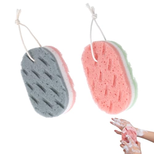 DOPENSPI Lot de 2 grandes éponges de bain douces, 3 couches exfoliantes pour le corps, éponge de douche pour homme et femme, accessoires de bain