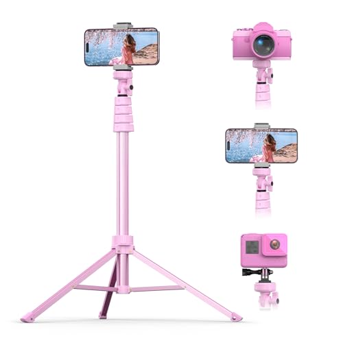 UBeesize 72 Phone Tripod & Selfie Stick Camera Tripods Stand with Wireless Remote and Phone Holder Compatible with iPhone Android Phone Perfect for Selfies/Video Recording/Live Streaming Pink