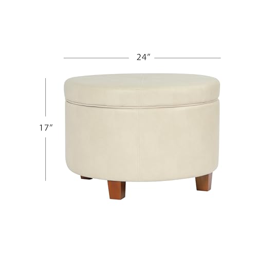 HomePop Round Leatherette Storage Ottoman with Lid, Ivory Large - Thumbnail 3