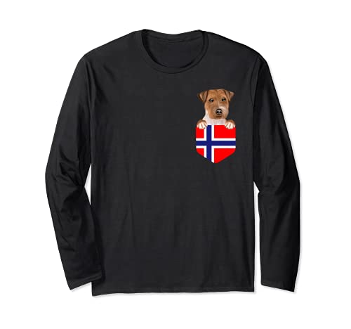 Norway Flag Russell Terrier Dog In Pocket Long Sleeve T-Shirt, Black