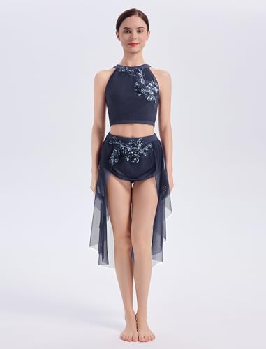 Women Lyrical Dance Costume Halter Flower Crop Top High-Low Skirt with Briefs Adult Contemporary Dance Outfits Red Blue Black Acrobat Competitive Salsa Jazz Leotard Dress Navy X-Large