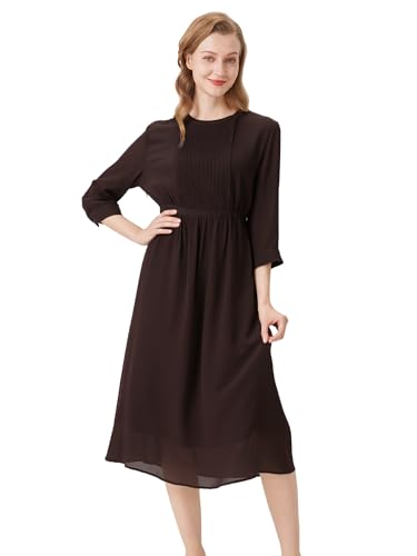 Spring Women's Casual 3/4 Sleeve Dress Mulberry Silk Flowy Dresses Crew Neck Relaxed-Fit Midi Dress2