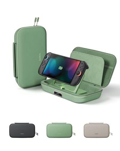 Belkin Nintendo Switch 2 Charging Case Pro 10000mAh Power Bank 30W Fast Charging w/Kick Stand - Custom Fit Hard Shell Carrying Case 12 Game Card Slots AirTag Holder Digital Display - Sage