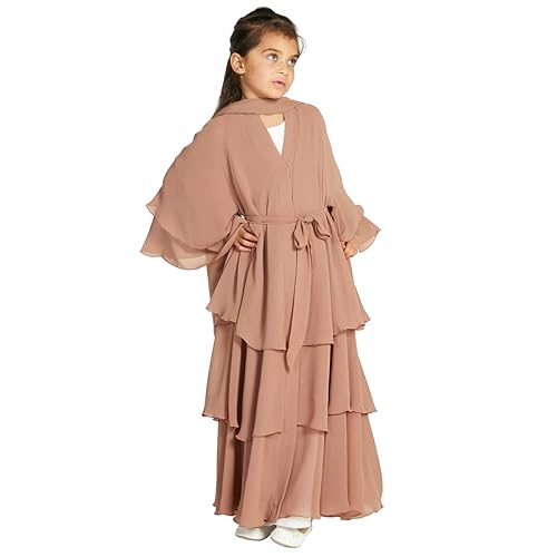 Abayas for Girls Chiffon layered Open Abaya Dubai Turkey Kaftan Prayer Dress Kids Muslim Cardigan Arabian Robe Ramadan Maxi Dresses Modest Islamic Casual Kimono Clothing Outfit Khaki 13-14 Years