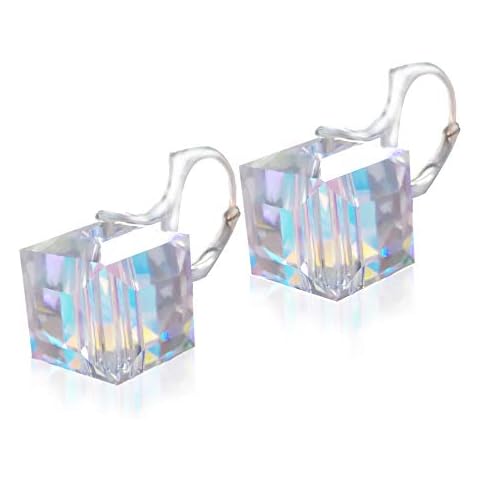 Royal Crystals Sterling Silver 925 Drop Dice Cube Aurora Borealis Earrings with Austrian Crystals Imitation Cover