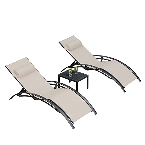 PURPLE LEAF Bain De Soleil Lot De 2 avec Table, Transat Jardin Exterieur, Ajustables et empilables, Coussin Amoviable, Courbé Textilène Aluminium, Transat Piscine, Beige Cover