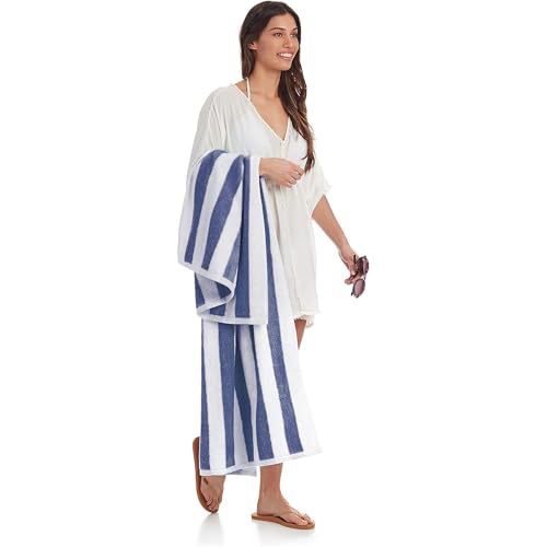 Image of Amazon Basics 100% Cotton Soft & Absorbent Beach Towels, Cabana Stripe, Fast Drying, Machine Washable, Large 30 in x 60 in, Navy Blue, 4-Pack
