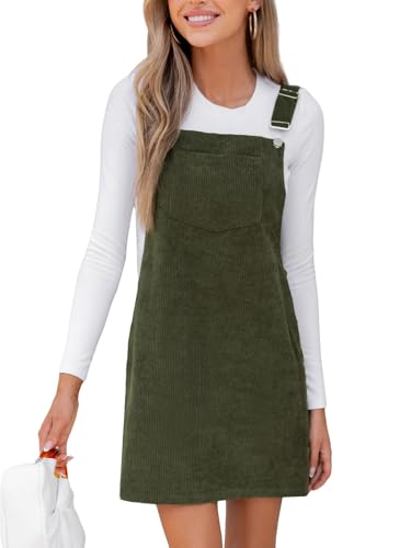 CUPSHE Damen Cord Latzkleid Ärmellos Herbst Quadratischer Ausschnitt Hosenträger Knöpfe Freizeitkleider mit Taschen Mini Dress Olive M