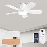 JSAITEE Ceiling Fans with Lights, 42 Inch Low Profile Ceiling Fan with Light and Remote/App Control, Flush Mount, Reversible, 3CCT, Dimmable, Noiseless, White Ceiling Fan for Indoor/Outdoor Use