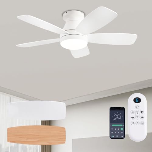 Image of JSAITEE Ceiling Fans with Lights, 42 Inch Low Profile Ceiling Fan with Light and Remote/App Control, Flush Mount, Reversible, 3CCT, Dimmable, Noiseless, White Ceiling Fan for Indoor/Outdoor Use