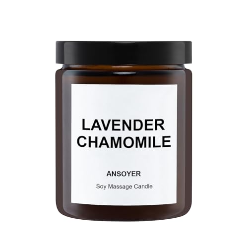 ANSOYER Candela da massaggio 200 g I Candela rilassante I Realizzata con olio di cocco + olio di soia I Candele da massaggio | Idratante e nutriente per la Spa domestica (Camomilla Lavanda)