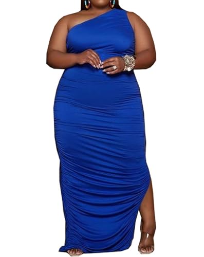 Image of Womens Sexy Plus Size One Off Shoulder Sleeveless Bodycon Ruched Evening Pencil Party Maxi Dresss