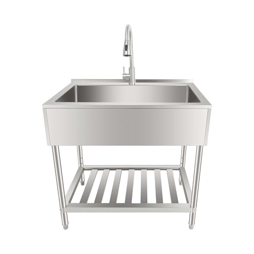 Utility Sink, 35.8\" L x 23.2\" W x 34.3\" D Free Standing Single Bowl Kitchen Sink with Cold and Hot Water Faucet, Commercial Stainless Steel Laundry Tub for Kitchens, Bathrooms, Garage, Laundry Room