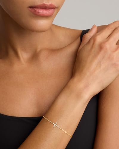 Gold Cross Bracelet for Women, Dainty 14k Gold Plated CZ Cross Jesus Charms Love Knot Bracelets Trendy Thin Pearl Link Paperclip Double Chain Bracelets Simple Christian Baptism Jewelry4