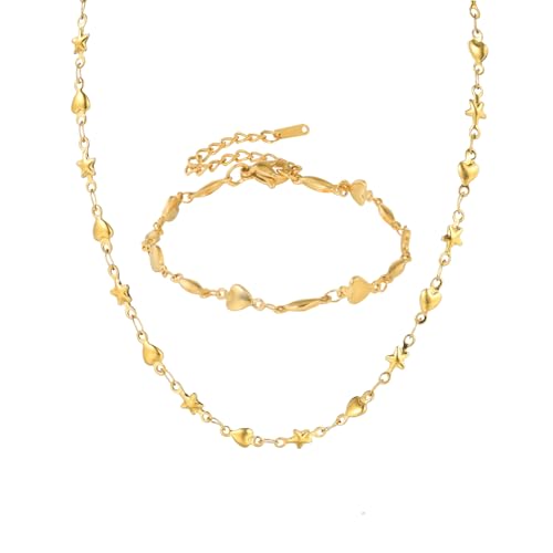 MILAKOO 2 Stück Edelstahl Armband und Halskette Damen Edelstahl Herz Sternförmig Set Armbänder Ketten Set mit Geschenkbox Gold