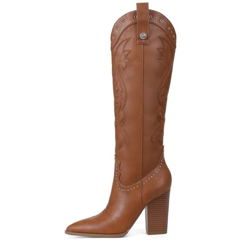 Image of VOMIRA Knee High Cowboy Boots for Women Pointed Toe Chunky High Heels Pull-on Embroidered Boots Western Boots Wide Calf Cowgirl Boots