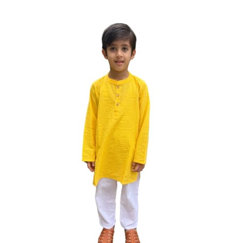 Image of Boys Cotton Kurta Pajama Set - Kurta with White Pajama | Traditional Indian Wear for Kids | Festive, Wedding & Party Outfit