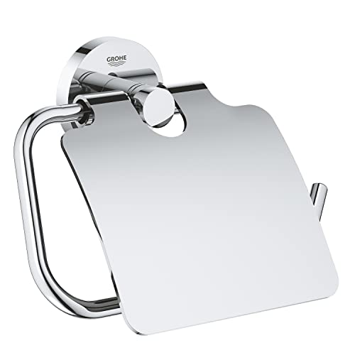 GROHE Start Toilettenpapierhalter WC ohne Bohren (Klopapierhalter zum Kleben und Bohren geeignet mit Schrauben & Dübel Kleber separat kaufen mit Deckel verdeckte Befestigung) chrom 41179000