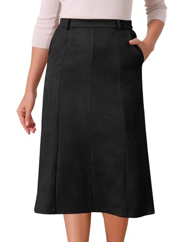 Seta T Women's Faux Suede Skirts Elastic High Waist Fall Winter A-Line Midi Skirt with Pockets Large...