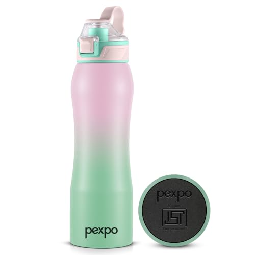 Image of Go24 pexpo Bliss ISI Certified Stainless Steel Fridge /Sports Water Bottle 1 Litre | Flip Top Cap | Single Wall | Leakproof | For Home, Office, Gym, School, Yoga,Hike,Men,Women&Kids - Pink&Green Ombre