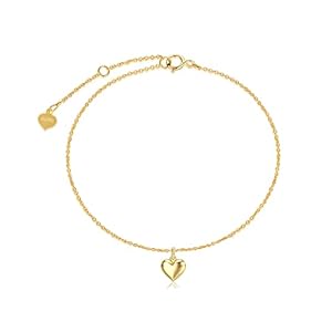 SISGEM Real 14k Gold Puff Heart Anklet for Women, Love Ankle Bracelet Foot Jewelry Gifts for Her, 9+1+1 Inch