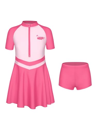 Kids Girls 2Pcs Rash Guard Swimsuit Short Sleeve Swimwear Swim Dress with Shorts Beach Bathing Suit