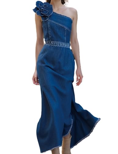 LEHAFE Women’s Denim Maxi Dress, Off Shoulder Jean Dress with