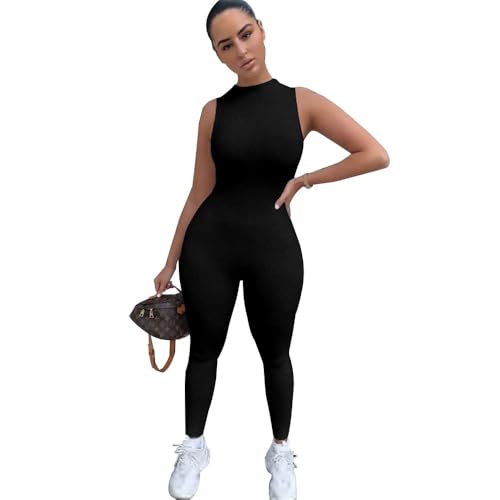 XFSRG Combinaison Femme Body de Sport sans Manche Moulante Décontracté Jumpsuit Chic Legging Fitness Yoga Gym Bodysuit (Noir,S)