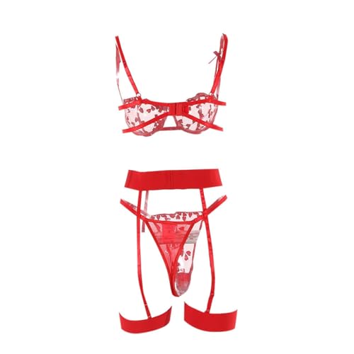 Image of Women Cute Bra Panty Lingerie Set with Garter Belt Lace Teddy Strap Babydoll Lingerie Romantic Bikini with Panty Gown Set for Women Party Set