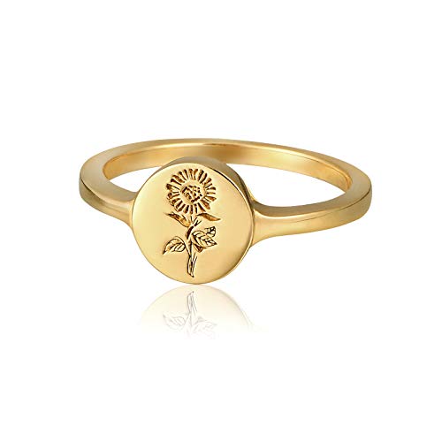 YeGieonr Handmade Flower Signet Ring -18K Gold Over 925 Sterling Silver Ring-Minimalistic Statement Ring with Botanical Engraved- Delicate Personalized Jewelry Gift for Women/Girls (Size 8)