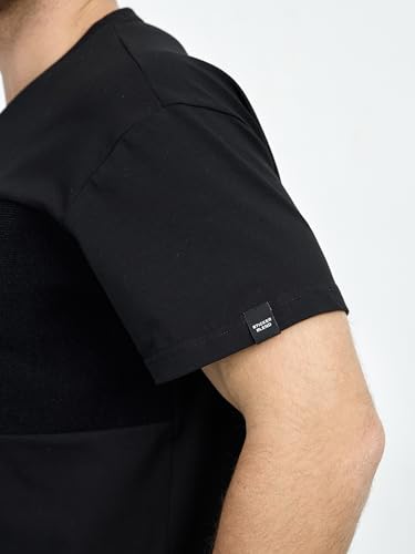 Men’s Customizable Black T-Shirt with Patches Area, Regular Fit, Boat Neck, Soft Cotton-Lycra Blend for Personalization